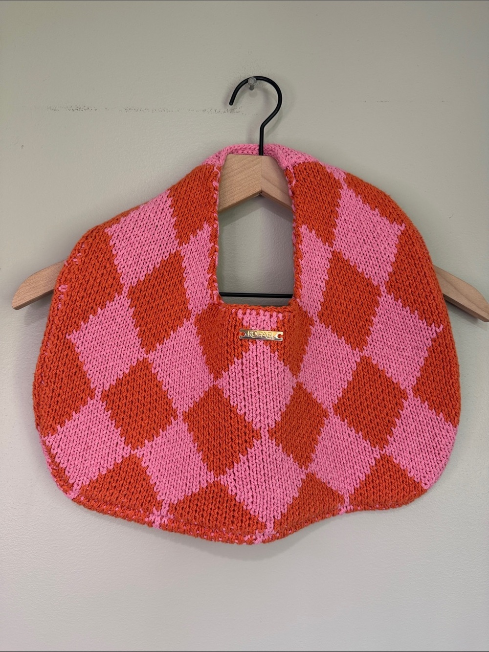 Kopari Pink and Orange Argyle Knit Tote with Gold Logo